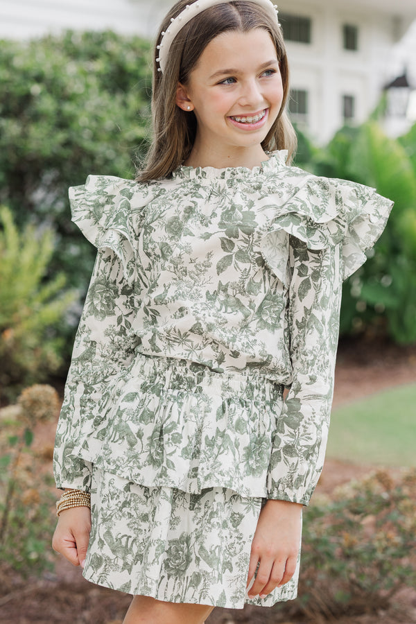 Girls: Just Be Joyful Green Toile L/S Blouse