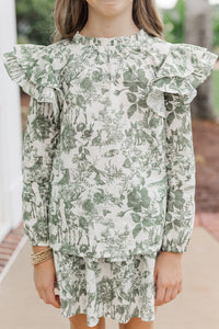 Girls: Just Be Joyful Green Toile L/S Blouse