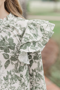 Girls: Just Be Joyful Green Toile L/S Blouse