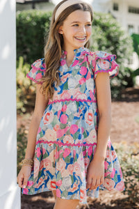 Girls: Come For It Blue Pink Floral Babydoll Dress