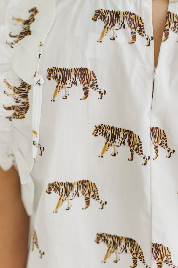 Girls: Listen To Your Heart White Tiger Ruffled Blouse