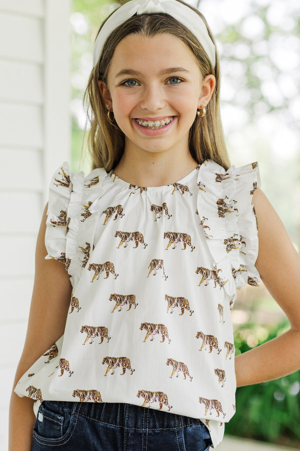 Girls: Listen To Your Heart White Tiger Ruffled Blouse