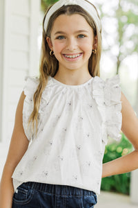 Girls: Listen To Your Heart White Bulldog Ruffled Blouse