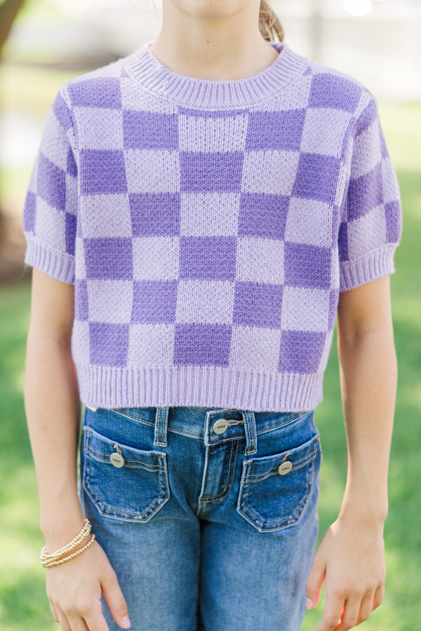 Girls: Love Like That Lavender Checkered Crop Sweater