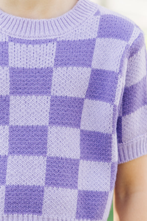 Girls: Love Like That Lavender Checkered Crop Sweater