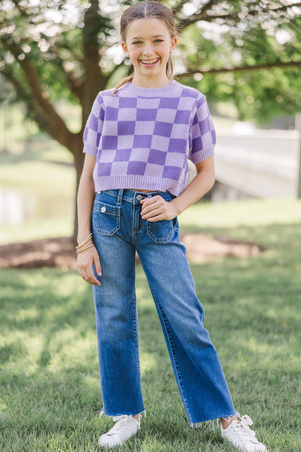 Girls: Love Like That Lavender Checkered Crop Sweater