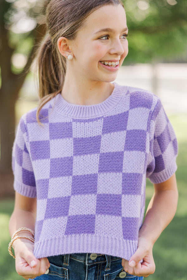 Girls: Love Like That Lavender Checkered Crop Sweater