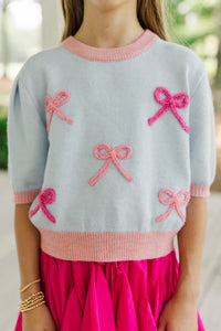 Girls: Happy To Be Here Light Blue Bow Sweater