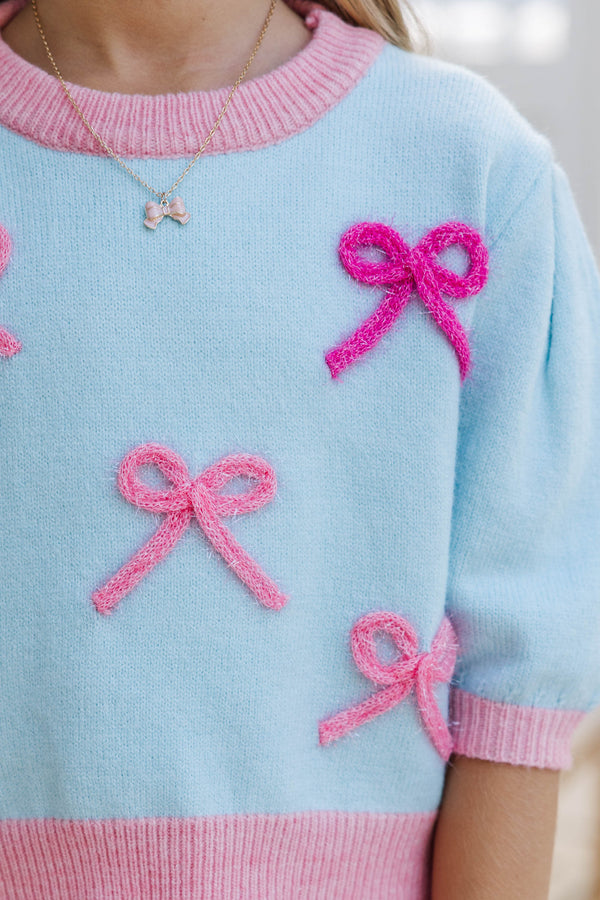 Girls: Happy To Be Here Light Blue Bow Sweater