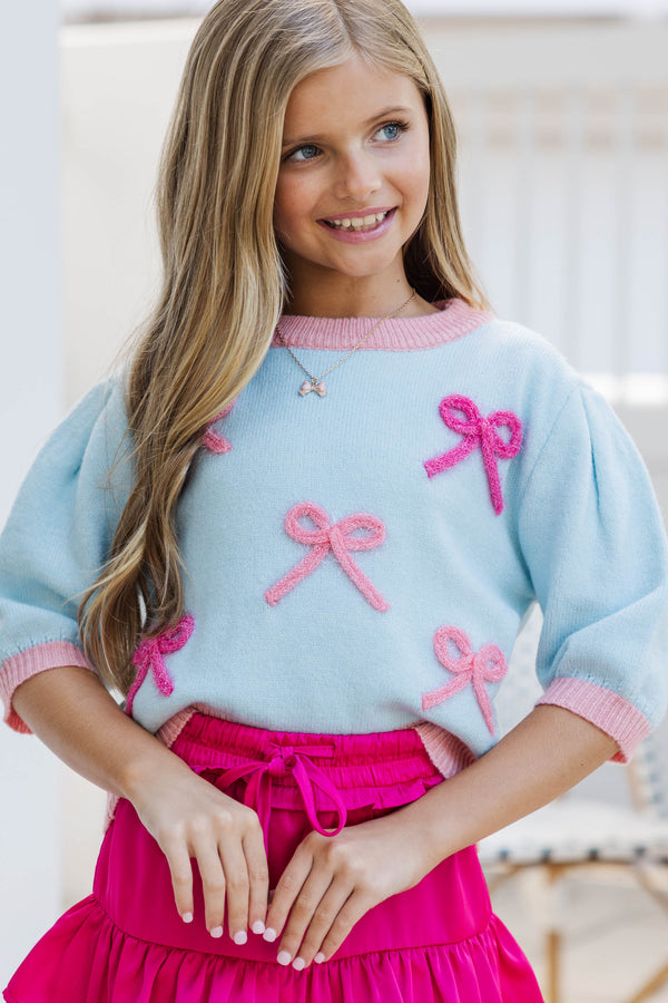 Girls: Happy To Be Here Light Blue Bow Sweater