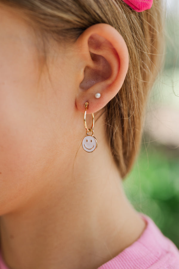 Girls: Happy You're Here Gold Smiley Face Hoop Earrings