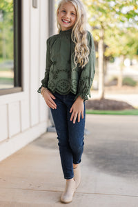 Girls: The Brandy Olive Green Eyelet Top