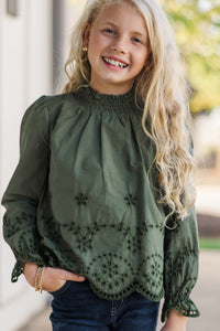 Girls: The Brandy Olive Green Eyelet Top