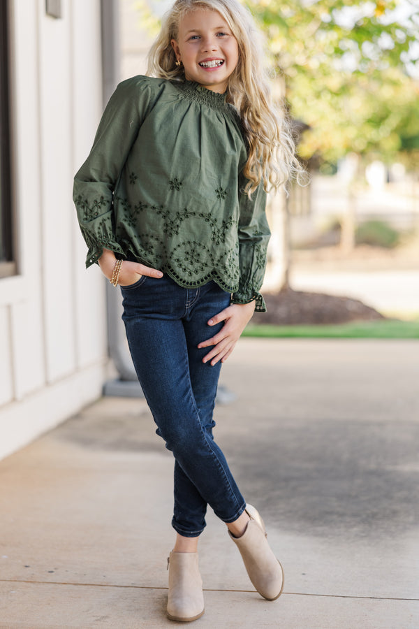 Girls: The Brandy Olive Green Eyelet Top