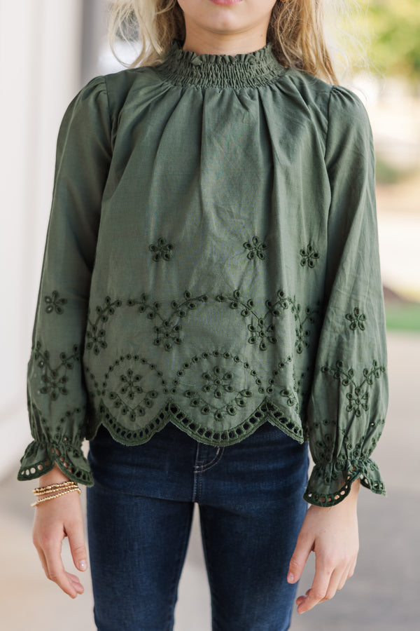 Girls: The Brandy Olive Green Eyelet Top