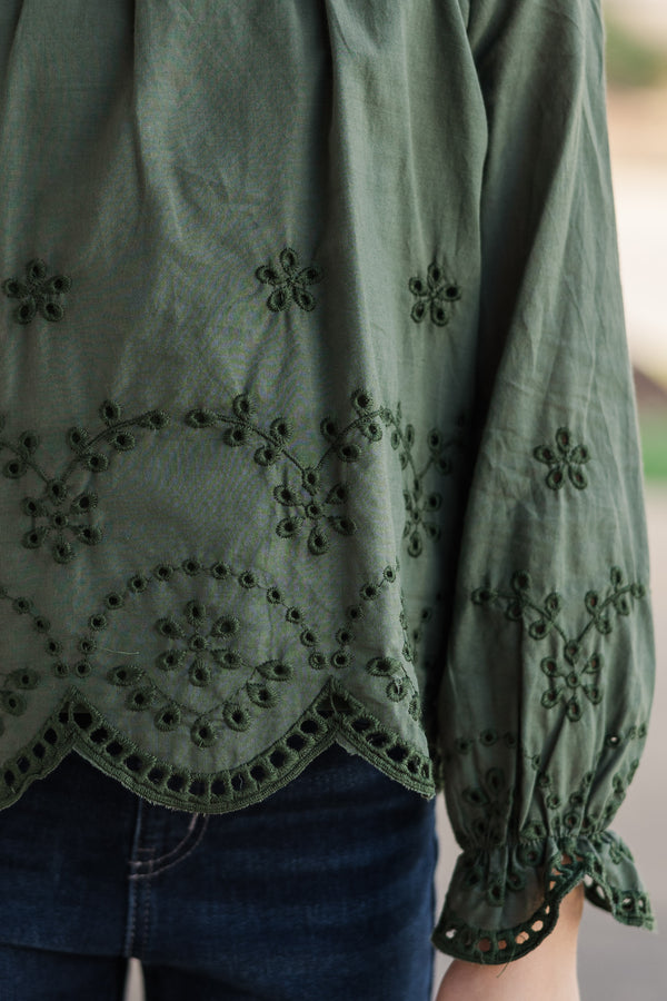 Girls: The Brandy Olive Green Eyelet Top