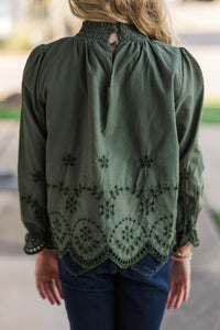 Girls: The Brandy Olive Green Eyelet Top