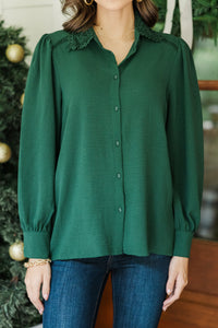 Touch My Heart Hunter Green Crochet Trim Blouse