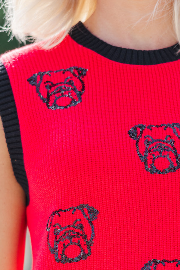 Pack A Punch Red Sequin Bulldog Sleeveless Sweater