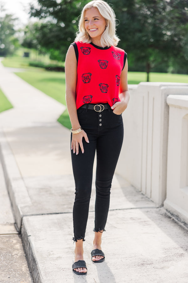 Pack A Punch Red Sequin Bulldog Sleeveless Sweater