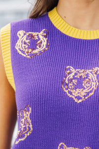 Pack A Punch Purple Sequin Tiger Sleeveless Sweater