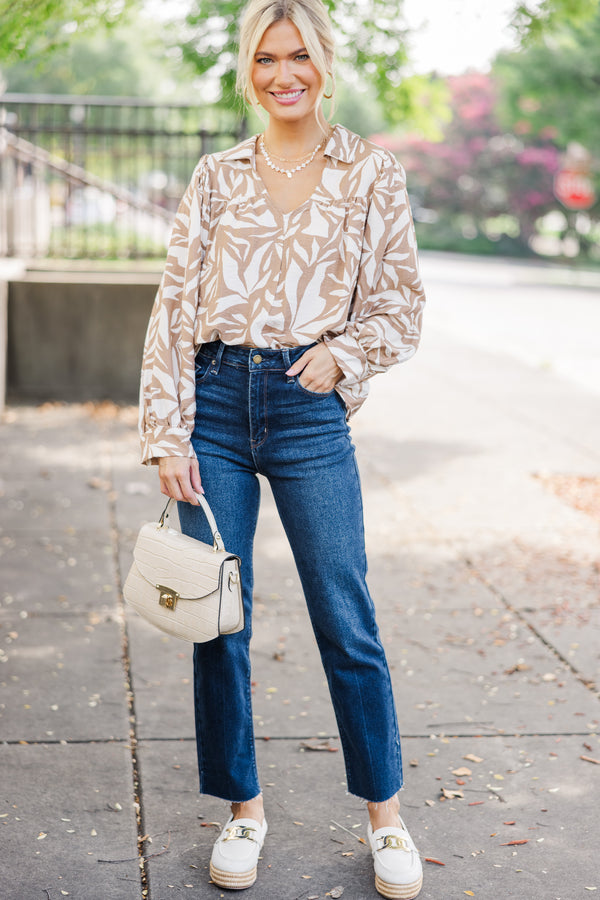 Never Alone Taupe Abstract Blouse