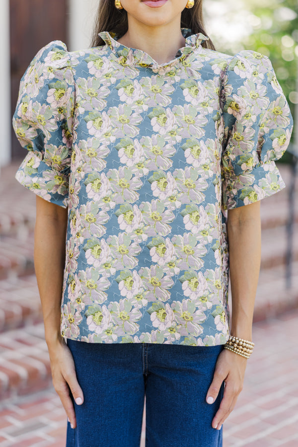 Say What You Need Slate Blue Floral Blouse