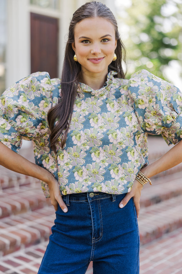 Say What You Need Slate Blue Floral Blouse