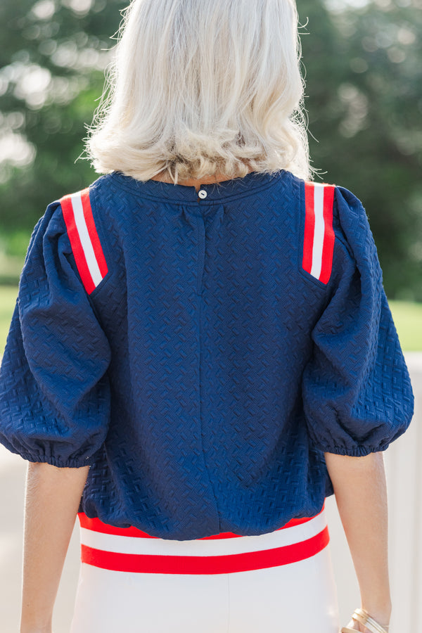 See It Through Navy Blue Textured Blouse