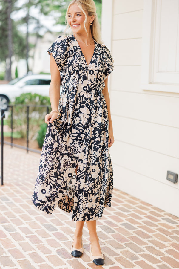 Turn You Round Black Floral Midi Dress