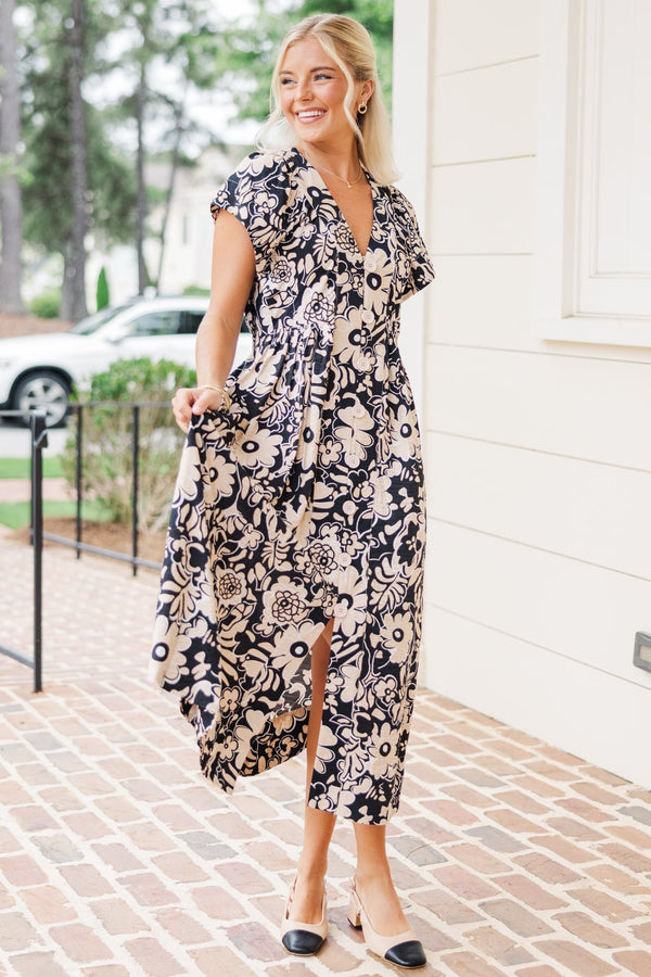 Turn You Round Black Floral Midi Dress