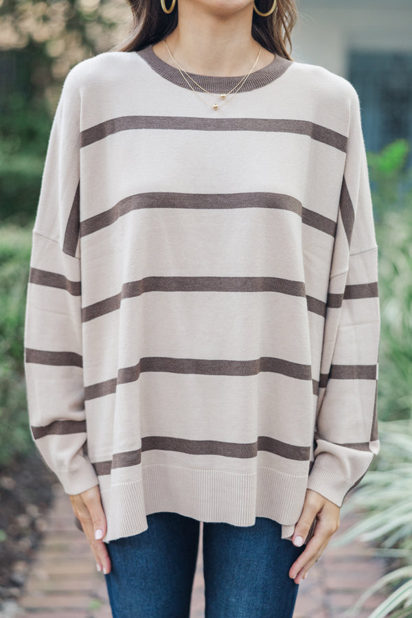 Keep It Going Beige Brown Striped Sweater