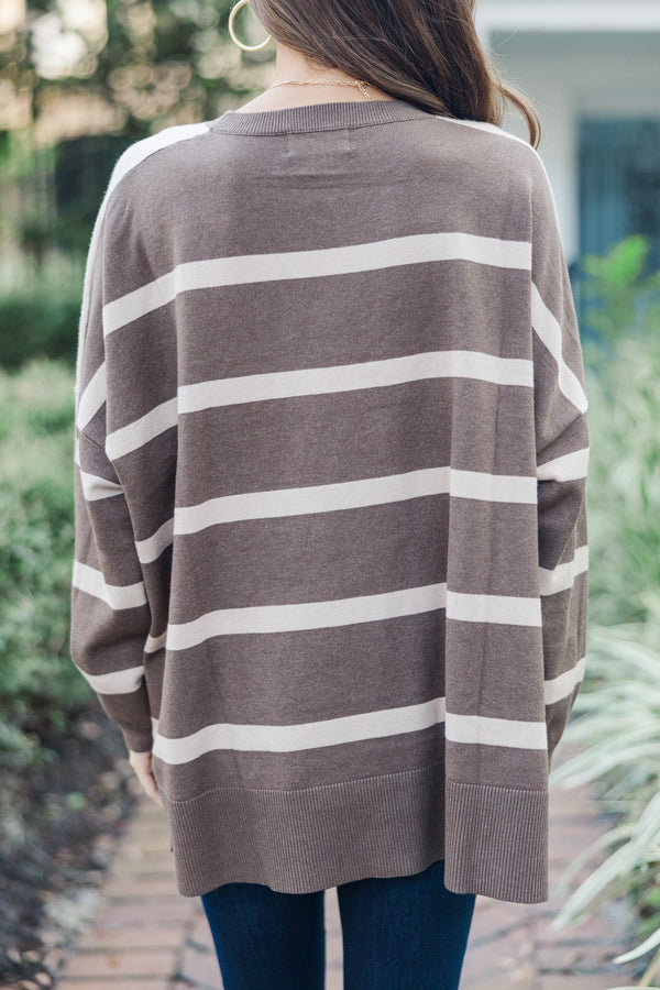 Keep It Going Beige Brown Striped Sweater