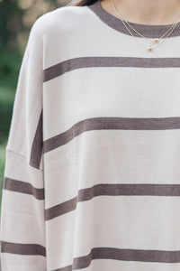 Keep It Going Beige Brown Striped Sweater