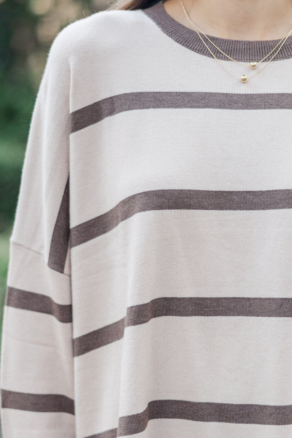 Keep It Going Beige Brown Striped Sweater