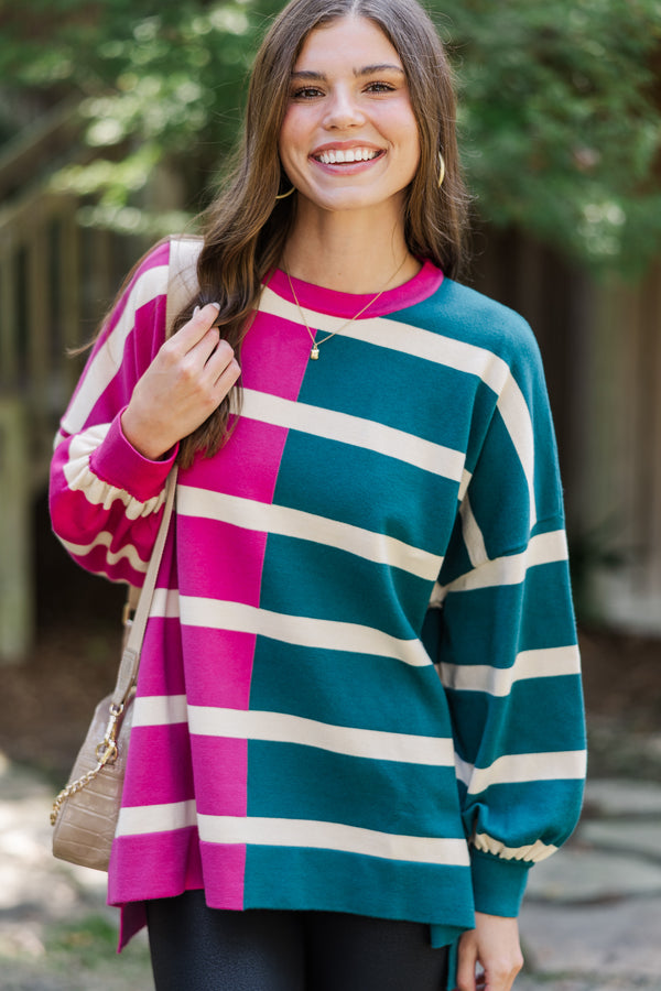 Live It Up Fuchsia/Teal Striped Sweater