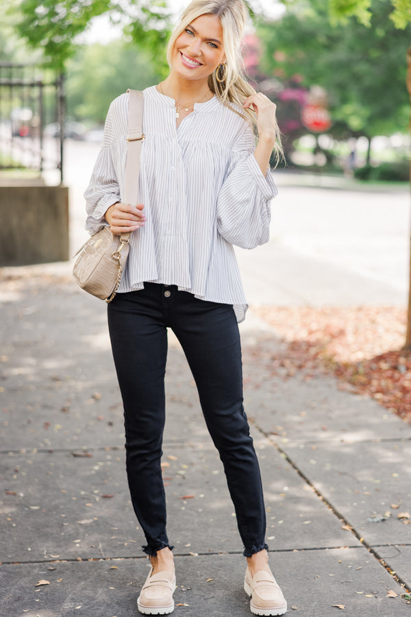 I Believe Oatmeal Striped Blouse