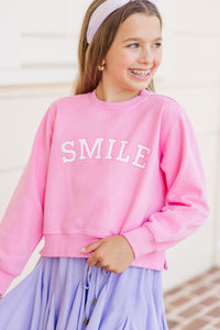 Girls: Just Smile Bubblegum Pink Graphic Sweatshirt