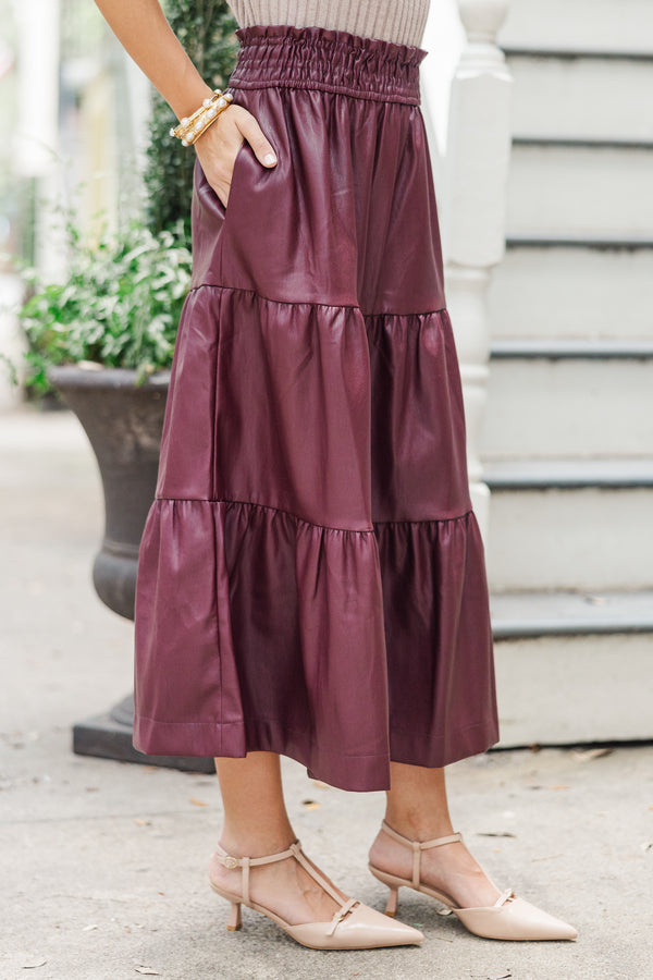 Fate: Where You Belong Burgundy Red Faux Leather Midi Skirt