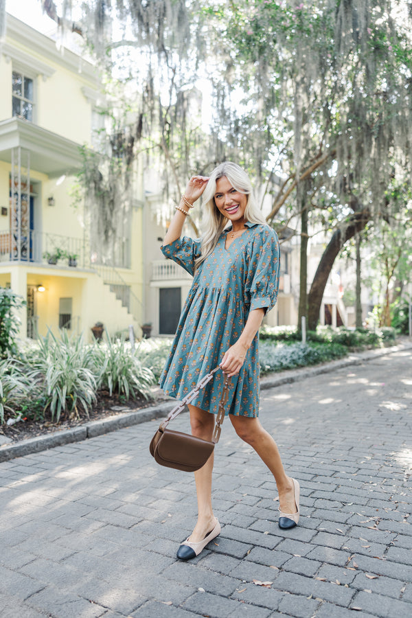 Know It All Forest Green Floral Babydoll Dress