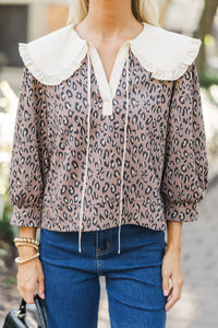 Just Name It Mocha Brown Leopard Blouse