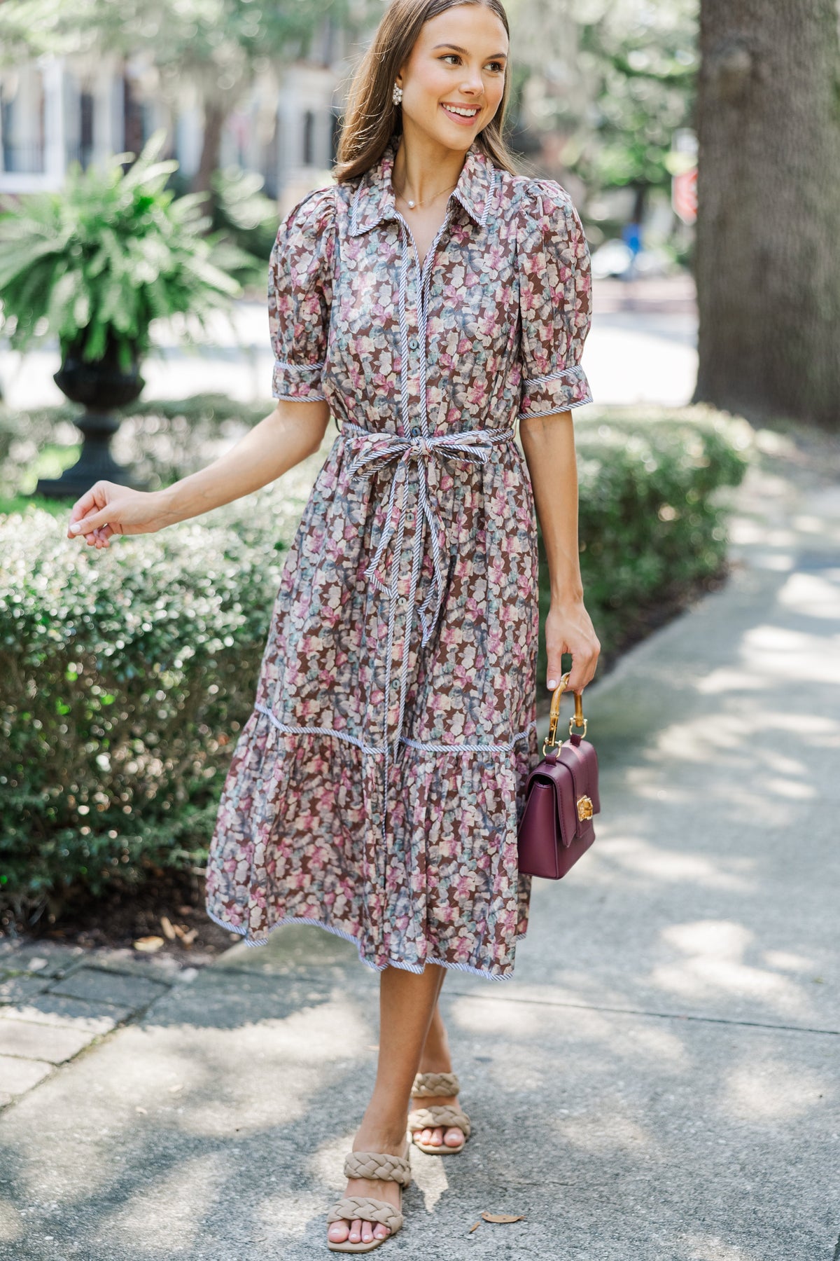 midi dress near me Be With Me Brown Ditsy Floral Midi Dress – Shop the Mint