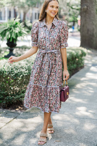 Be With Me Brown Ditsy Floral Midi Dress