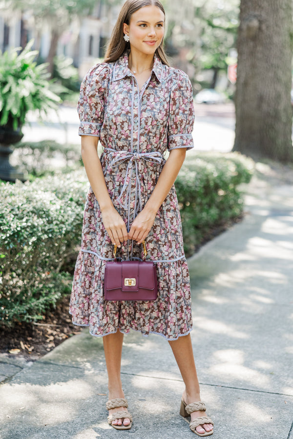 Be With Me Brown Ditsy Floral Midi Dress