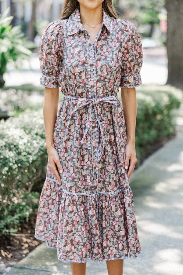 Be With Me Brown Ditsy Floral Midi Dress