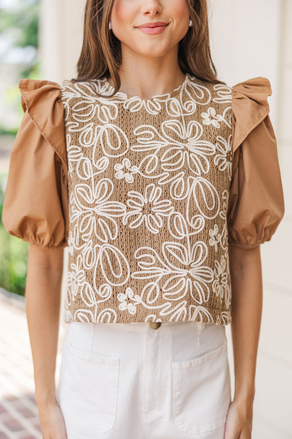 All For Love Camel Brown Embroidered Blouse