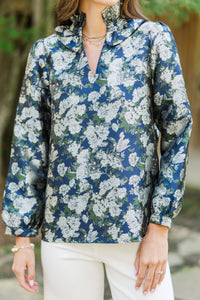 On Your Mind Navy Blue Floral Brocade Blouse