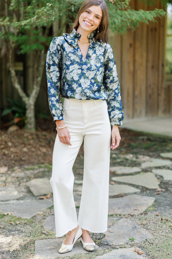 On Your Mind Navy Blue Floral Brocade Blouse