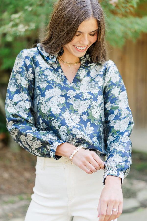 On Your Mind Navy Blue Floral Brocade Blouse