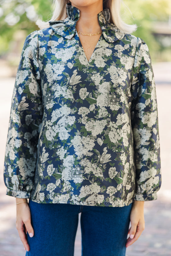 On Your Mind Navy Blue Floral Brocade Blouse